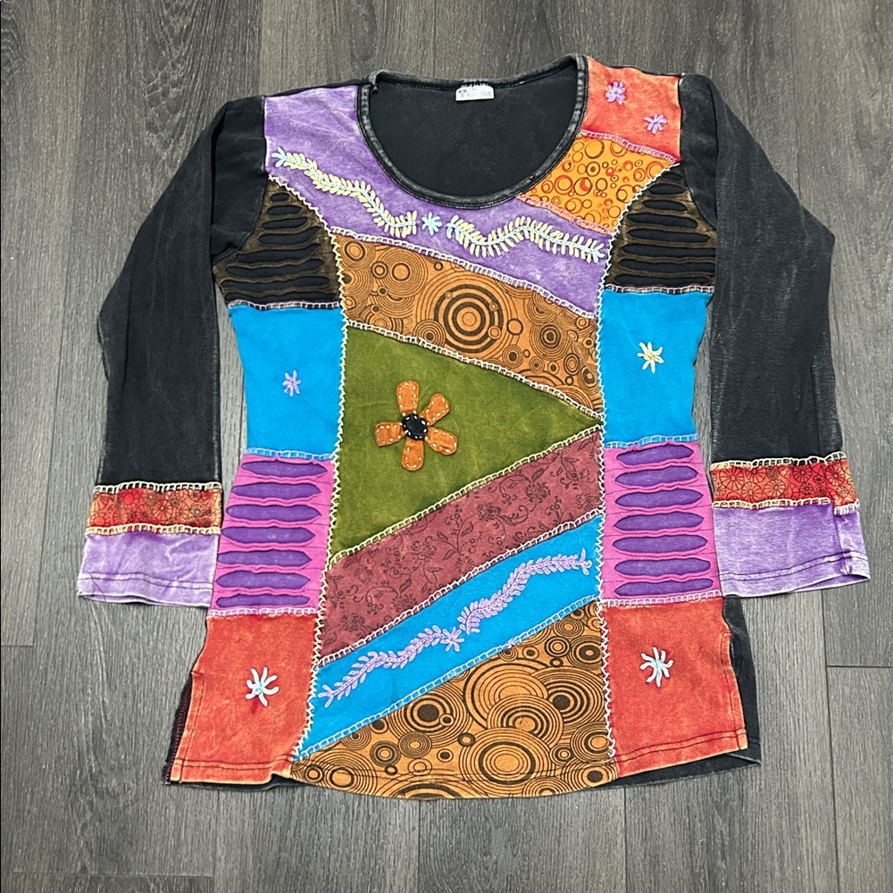 India Boutique Multicolor Boho Patchwork Tunic Top - image 4